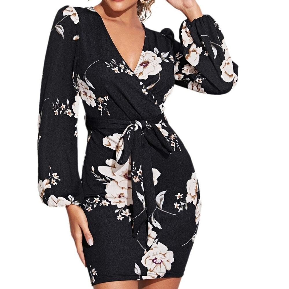 New Floral Dress V- Neck Wrap Dress Bodycon Belted Women's Size M